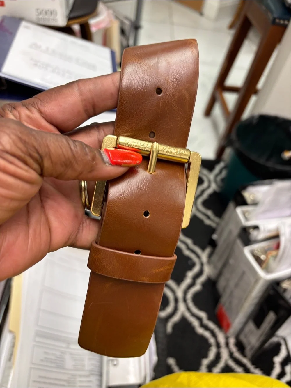 Michael Kors Brown Leather Belt with Gold-Tone Buckle - L 38”, waist 34-38, NWOT